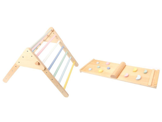 Pikler Dreieck Set aus Holz mit Montessori Brett (Indoor-Klettergerüst) - Pastel - fabelhaftly.de